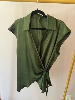 SHEIN Olive Green Wrap Tie Cap-Sleeve Blouse